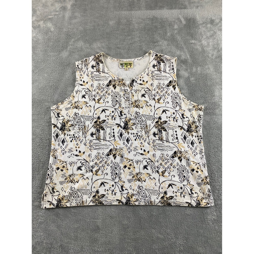 Palm Grove Womens XL Slv less Henley Top Ribbed Geometric Botanical Print‎ White
